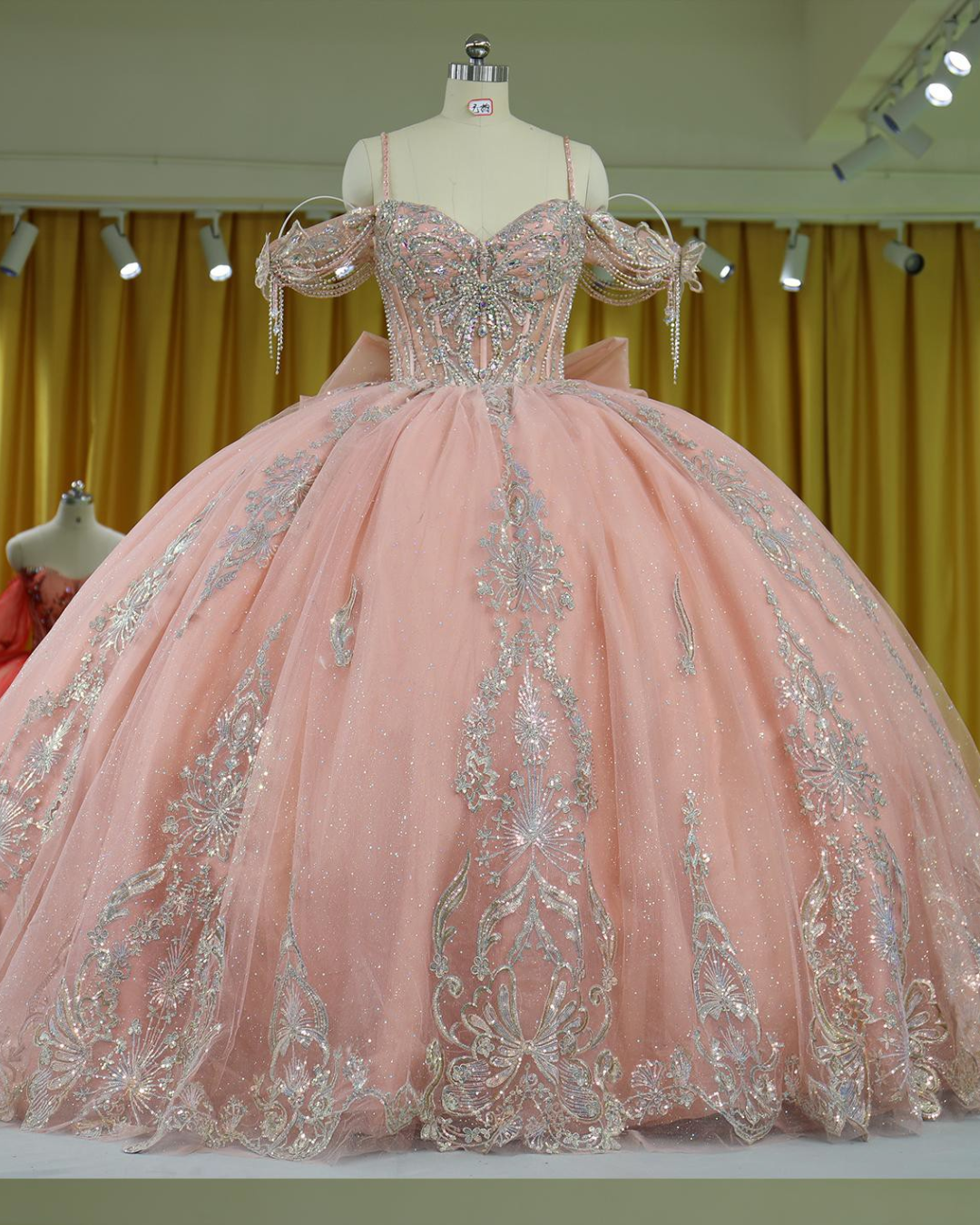 Blush Pink Glitter Quinceañera Ball Gown with Silver Appliqués