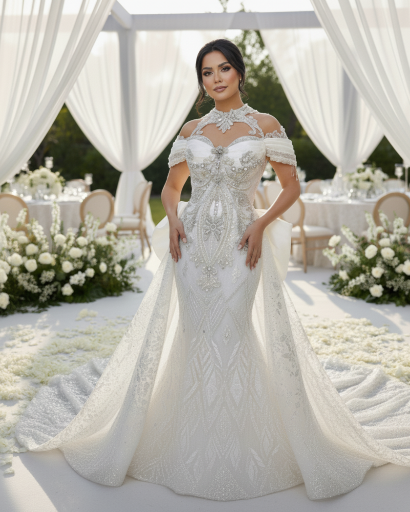 Classic Short Sleeve Wedding Dress with Sweep Train