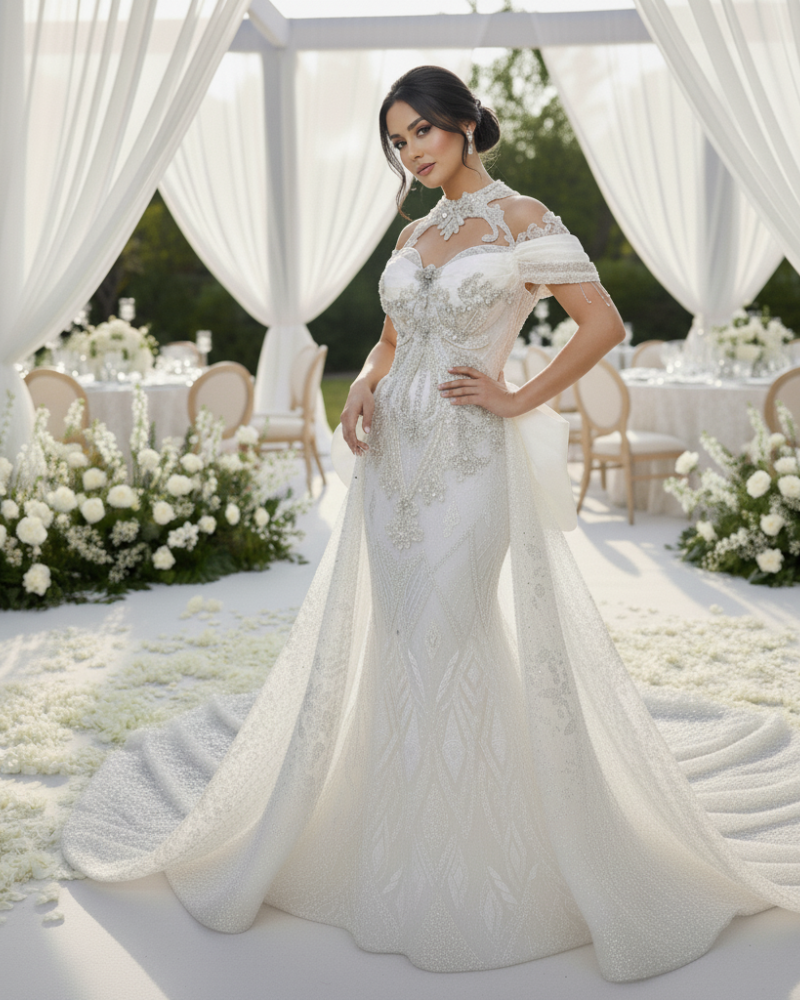 Classic Short Sleeve Wedding Dress with Sweep Train