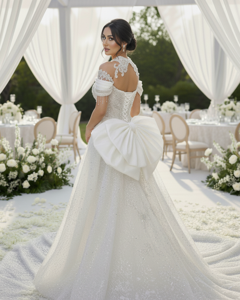 Classic Short Sleeve Wedding Dress with Sweep Train