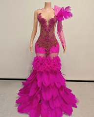 Brenda Sparkly Long Rhinestone with Feather Train Prom Dress