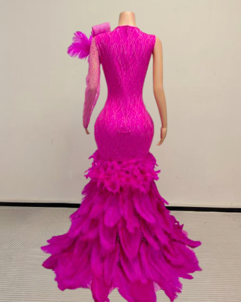 Brenda Sparkly Long Rhinestone with Feather Train Prom Dress