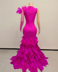 Brenda Sparkly Long Rhinestone with Feather Train Prom Dress