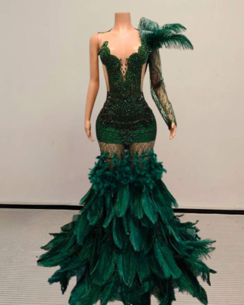 Brenda Sparkly Long Rhinestone with Feather Train Prom Dress