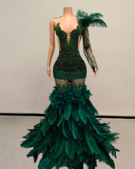 Brenda Sparkly Long Rhinestone with Feather Prom Dress-Ready to Ship