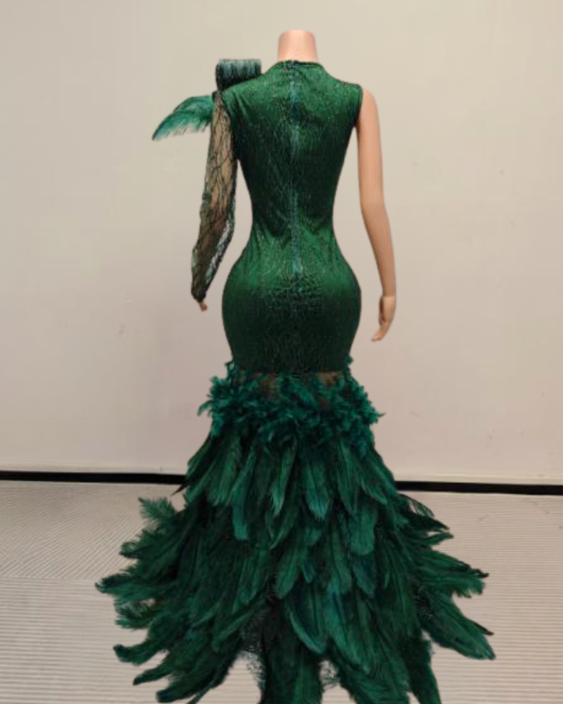 Brenda Sparkly Long Rhinestone with Feather Prom Dress-Ready to Ship