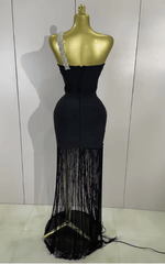 Bianca Black One Shoulder Rhinestone Tassel Bandage Dress