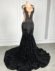 Black Rhinestones Luxury Beaded Sexy Mermaid Sequin Prom Dress