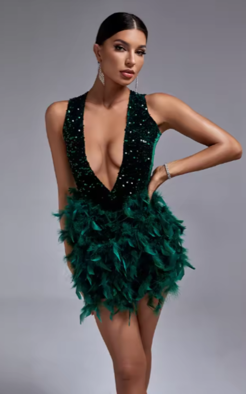Deep V Neck Green Sequin Cocktail Dress – Sexy Open Back Feather Trim Club Dress