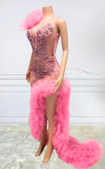 Carla Pink Beaded Layered Ruffle Prom Dress with High Slit-Ready to Ship