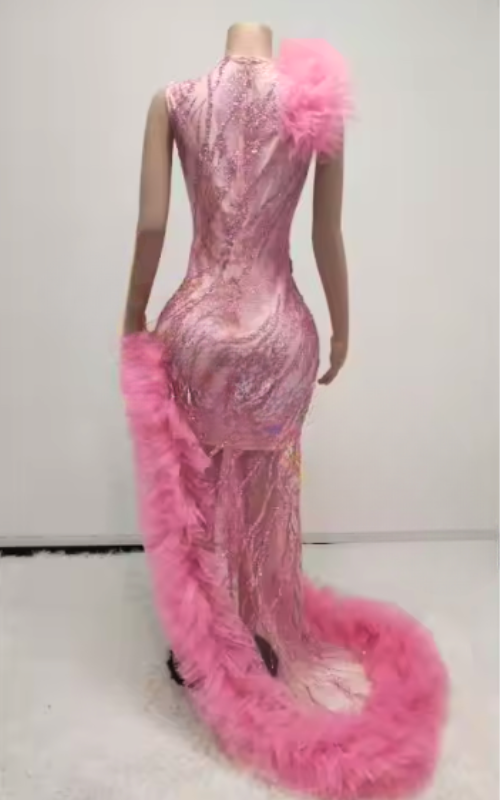 Carla Pink Beaded Layered Ruffle Prom Dress with High Slit-Ready to Ship