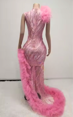 Carla Pink Beaded Layered Ruffle Prom Dress with High Slit-Ready to Ship