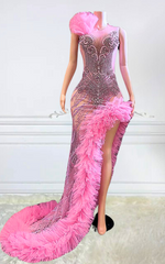 Carla Pink Beaded Layered Ruffle Prom Dress with Rhinestones & High Slit