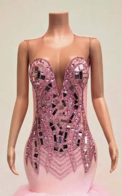 Angela Pink Rhinestone Mermaid Ruffle Ball Gown with Split & Long Train Prom Dress