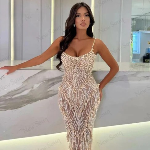 Champagne Crystals Glitter Long Mermaid Dress
