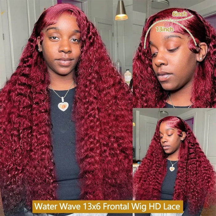 Burgundy Water Wave Human Hair Wig – 28/30/38 Inch 13x6 HD Lace Front 200% Density