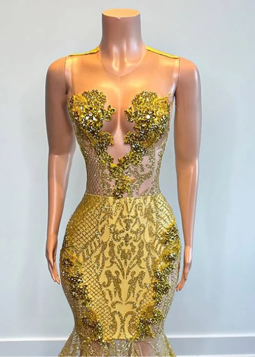 Crystal Bodice Lace Luxury Gold Black Girls Prom Dress Long Mermaid