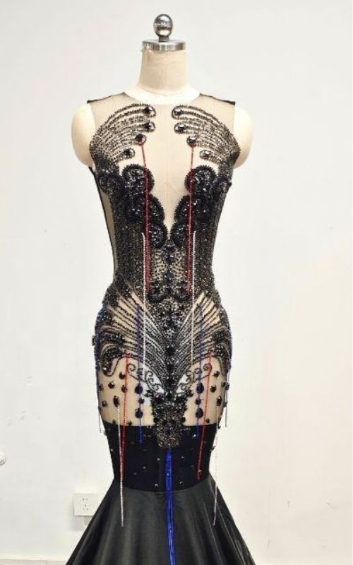 Black Sheer Illusion Bodice Mermaid Prom Dress With Intricate Beaded Filigree