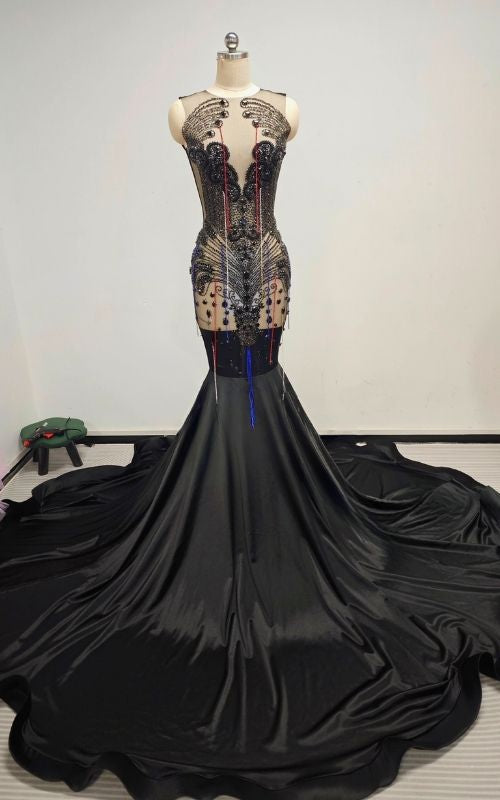 Black Sheer Illusion Bodice Mermaid Prom Dress With Intricate Beaded Filigree