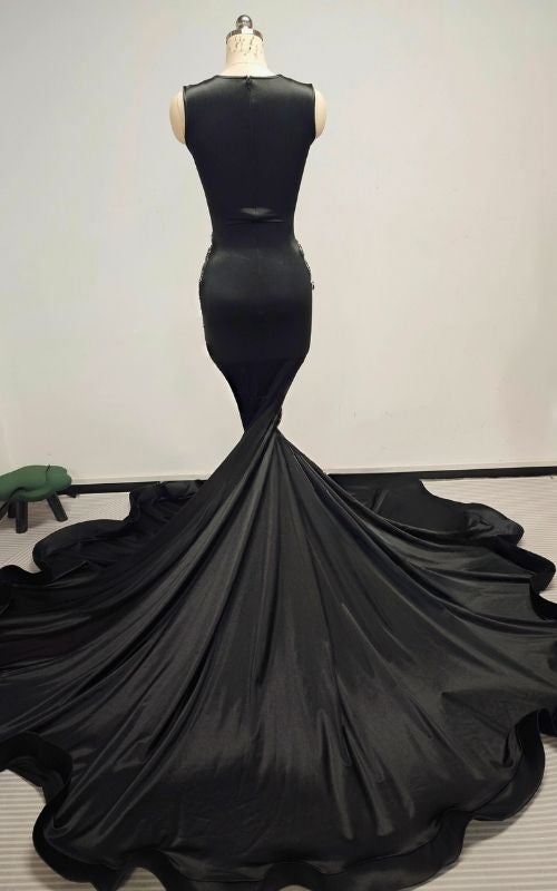 Black Sheer Illusion Bodice Mermaid Prom Dress With Intricate Beaded Filigree