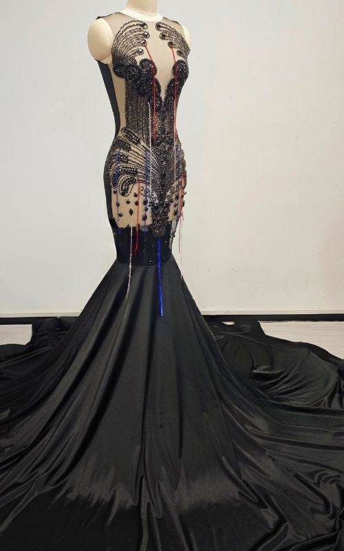 Black Sheer Illusion Bodice Mermaid Prom Dress With Intricate Beaded Filigree