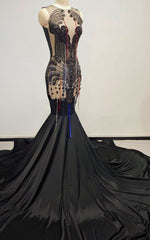 Black Sheer Illusion Bodice Mermaid Prom Dress With Intricate Beaded Filigree