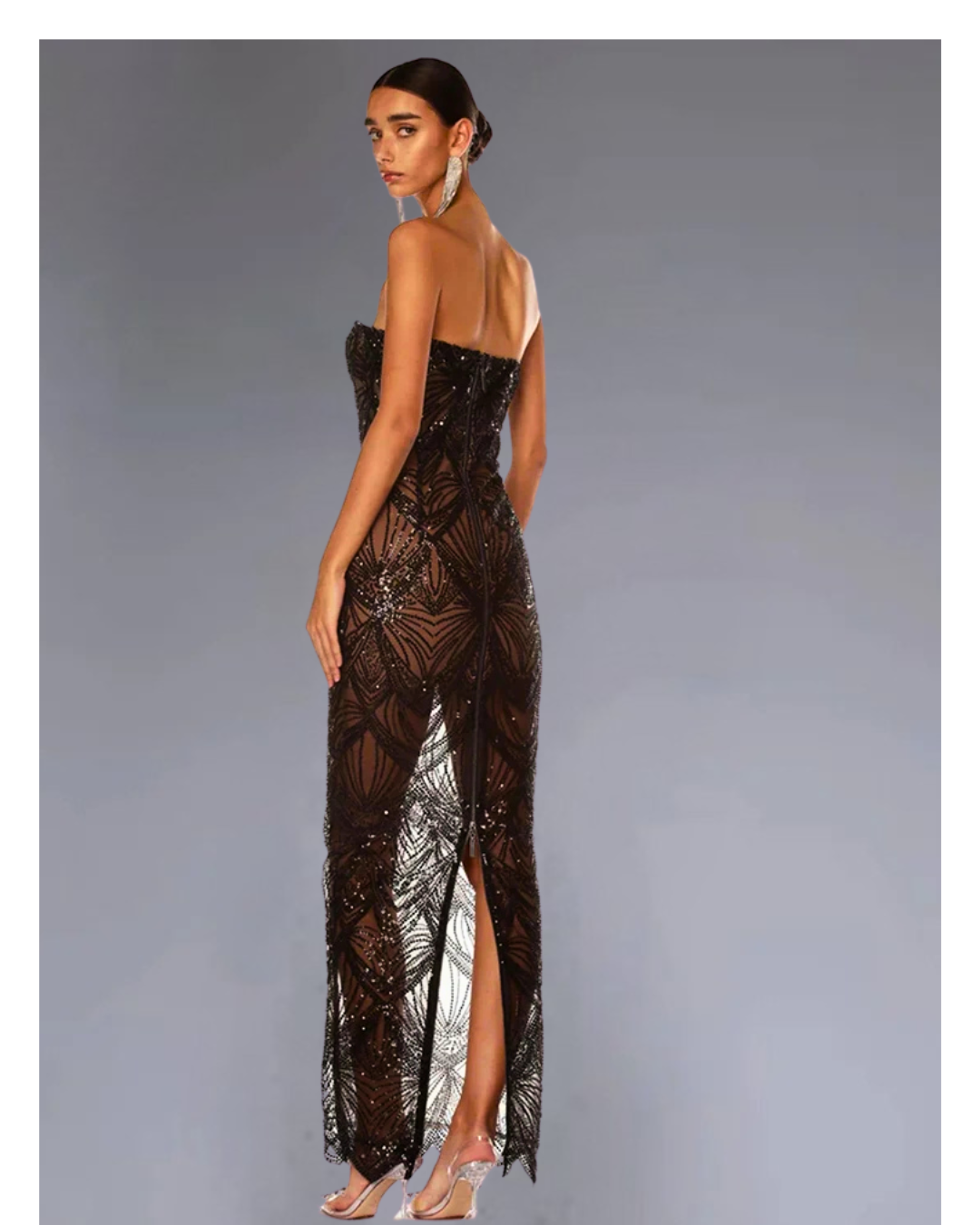 Ayanna Luxury Sequin Beaded Party Dress – Strapless Glitter Patchwork Mesh Gown