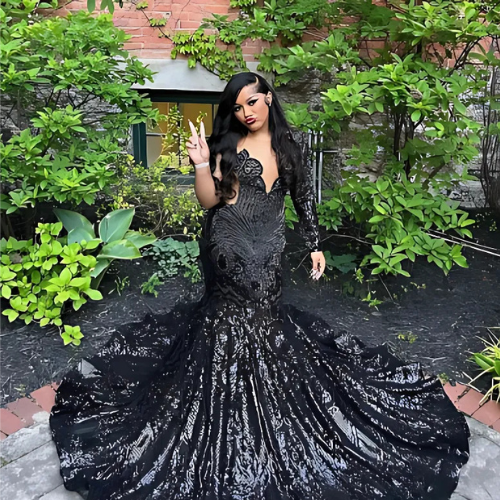 Black Sparkly Mermaid  Luxury Diamond Applique Prom Dress