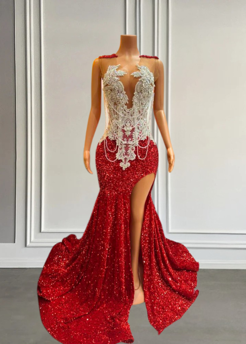 Carmen Red Sparkly Mermaid Sheer Sequins Prom Dress
