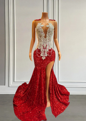 Carmen Red Sparkly Mermaid Sheer Sequins Prom Dress
