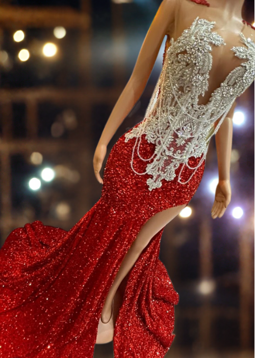 Carmen Red Sparkly Mermaid Sheer Sequins Prom Dress