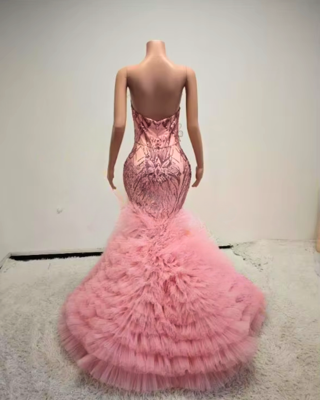 Beaded Pink Rhinestone Ruffle Prom Dress