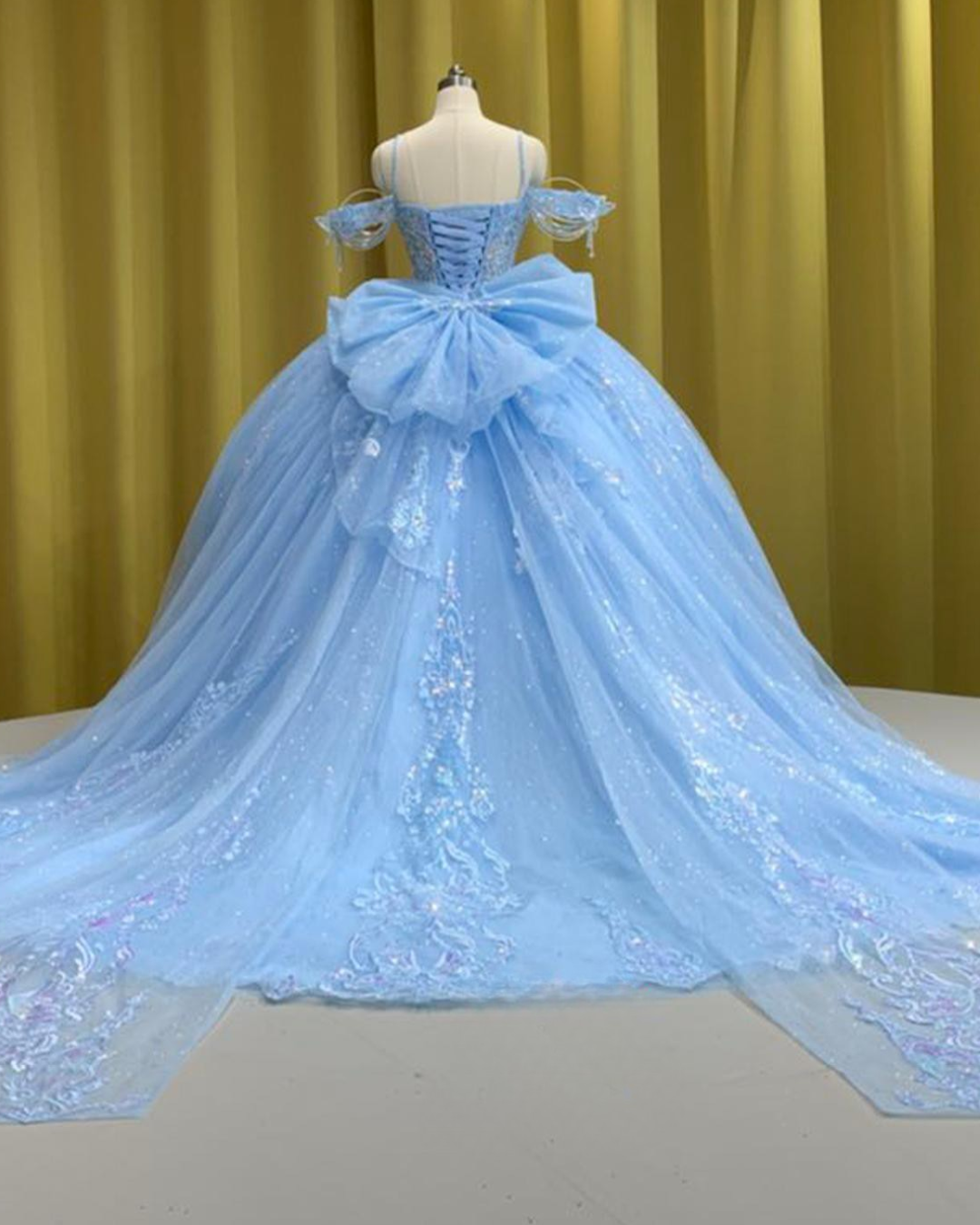 Cinderella Sky Blue Glitter Tulle Quinceañera Gown with Beaded Sleeves