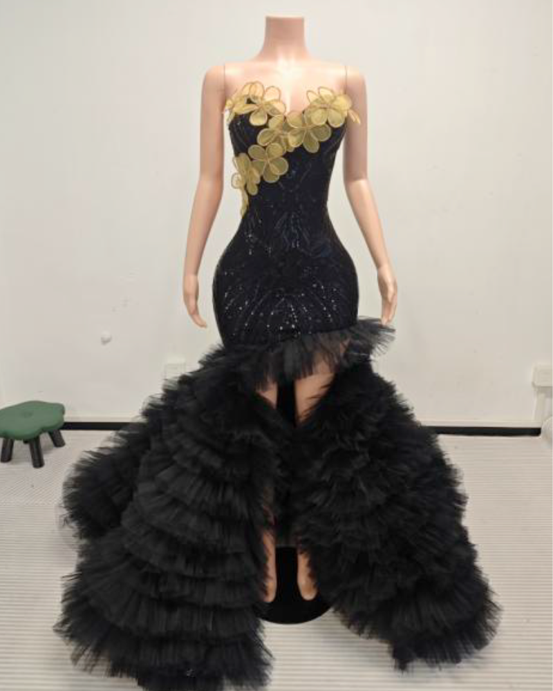 Alexis Floral Appliqué Sweetheart Prom Dress With Dramatic Ruffled Tulle Skirt