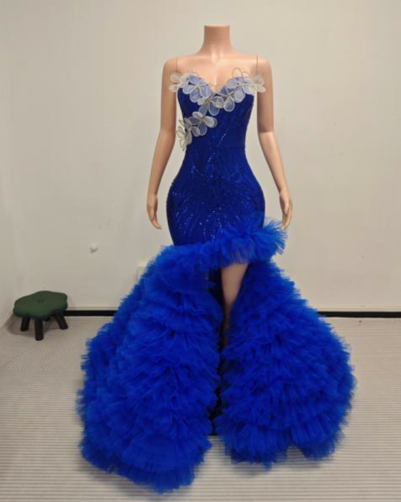 Alexis Floral Appliqué Sweetheart Prom Dress With Dramatic Ruffled Tulle Skirt