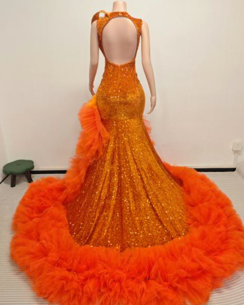 Azalea Sequin Mermaid Prom Dress V-Neck Ruffled Tulle Train- Ready to Ship