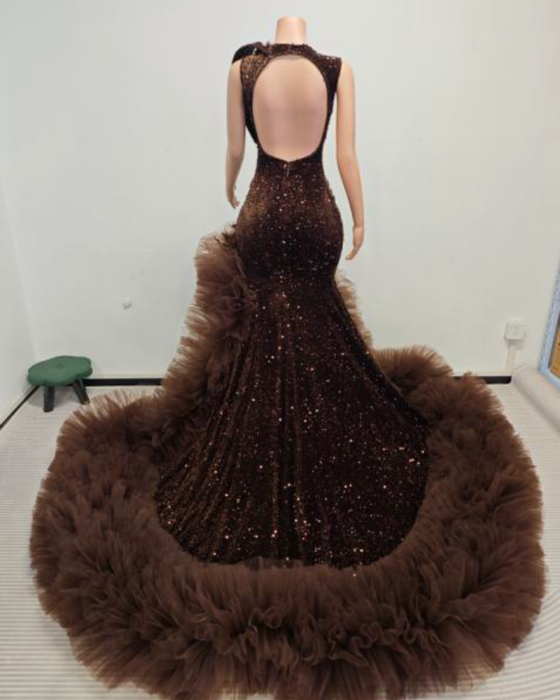 Azalea Sequin Mermaid Prom Dress Deep V-Neck Ruffled Tulle Train