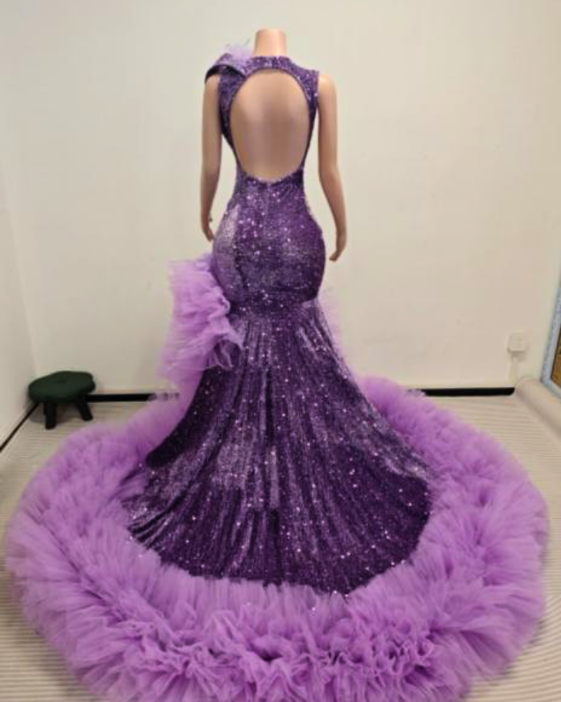 Azalea Sequin Mermaid Prom Dress V-Neck Ruffled Tulle Train- Ready to Ship