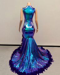 Amara Holographic Mermaid Purple Feather Trim Prom Dress With High Slit- Ready to Ship