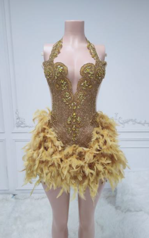 Claire Glitter Crystal Feathered Mini Birthday Dress