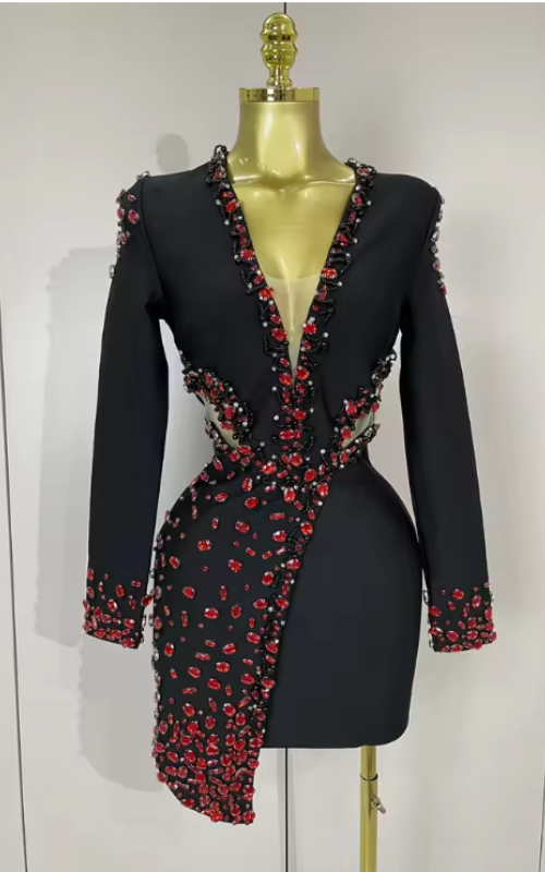 Camille Sexy Long Sleeve V-Neck Rhinestone Black Bandage Dress