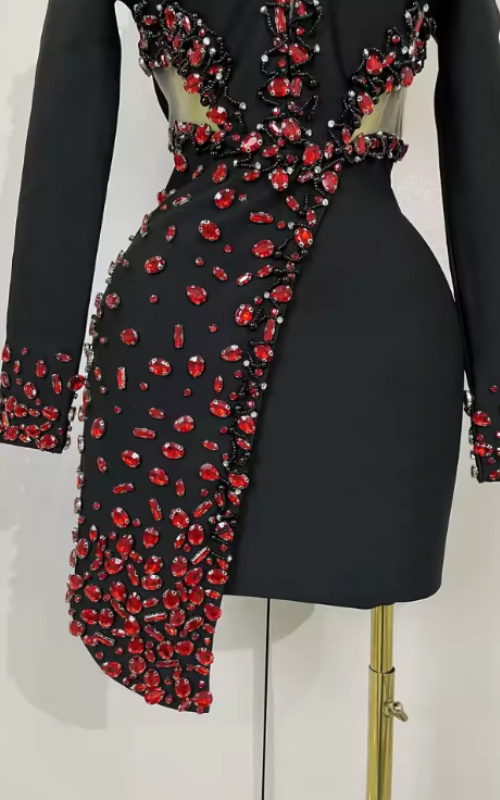 Camille Sexy Long Sleeve V-Neck Rhinestone Black Bandage Dress