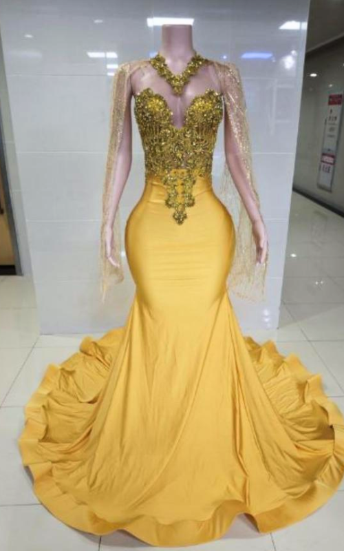 Diane Yellow Rhinestone Crystal Mermaid Prom Dress