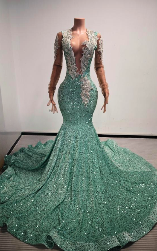 Amanda Mint Green Sequin Beaded Rhinestone Long Prom Dress