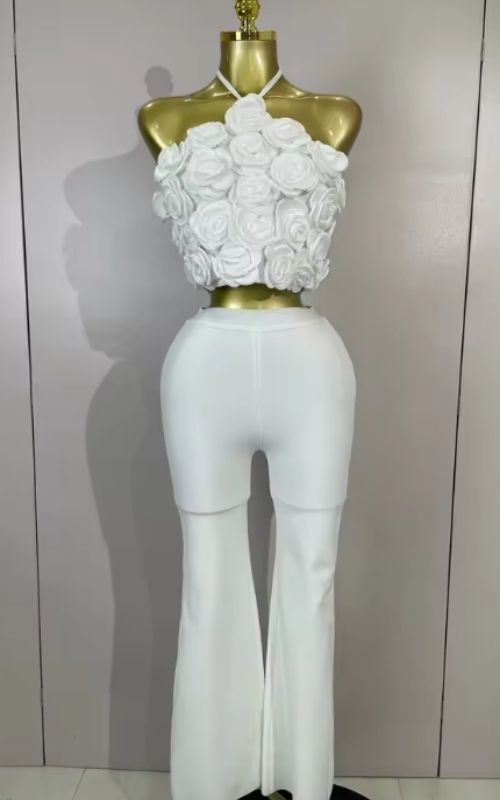 Annie Halter 3D Floral Backless Bodycon Bandage Two Piece Set