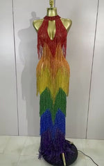 Candie Sparkly Rainbow Diamond Mesh Bodycon Long Dress