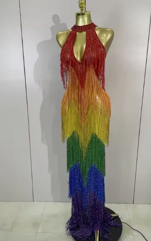 Candie Sparkly Rainbow Diamond Mesh Bodycon Long Dress