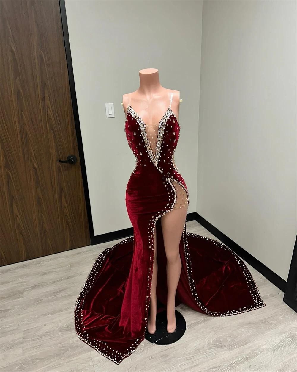 Burgundy Velvet Silver Beaded Evening Dress