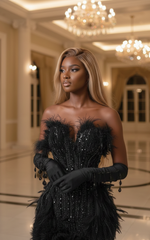 Black Sweetheart Rhinestone & Feather High-Slit Prom Gown