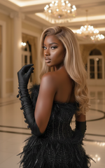 Black Sweetheart Rhinestone & Feather High-Slit Prom Gown